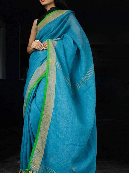 Cyan-Green women's Handloom Bhagalpuri Linen Cotton Blend Saree Ethnic Wear With Contrast Unstitched Blouse Piece - View 4