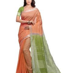 Mango Orange & Moss Green women's Handloom Bhagalpuri Linen Blend Two Dye Saree With Running Unstitched Blouse Piece
