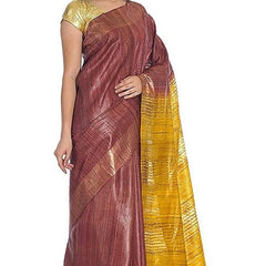 Handloom Tussar Ghicha Silk Bhagalpuri Two Dye Saree (Chico_Brown & Yellow) - View 2
