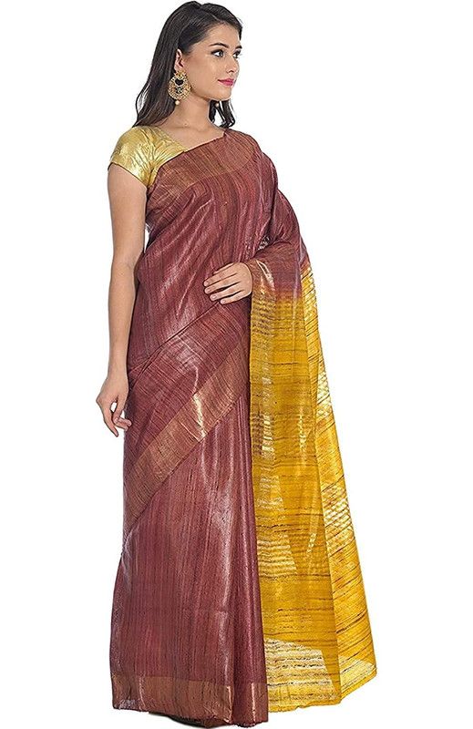 Handloom Tussar Ghicha Silk Bhagalpuri Two Dye Saree (Chico_Brown & Yellow) - View 2