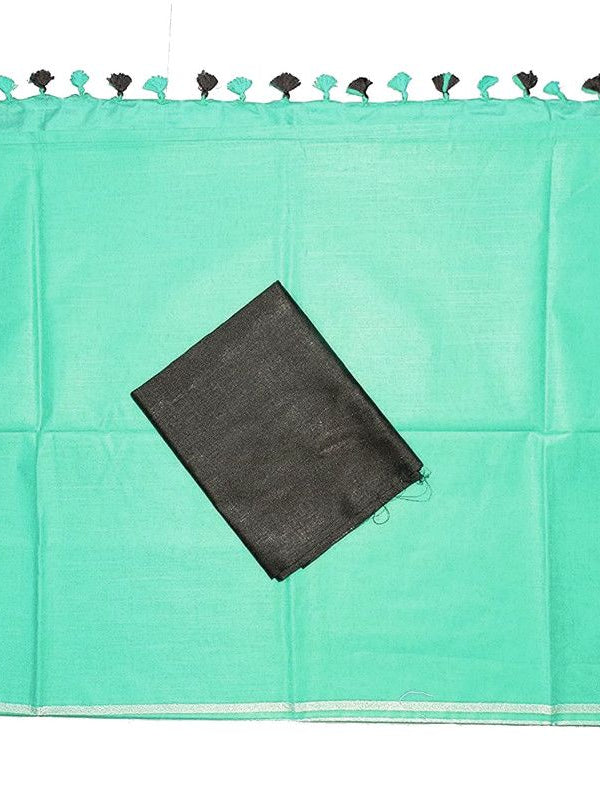 Turquoise women's Bhagalpuri Blend Linen Saree With Black Pipin Contrast Blouse Piece - View 5