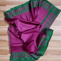 Semi Tussar Silk Handloom Temple Border Bhagalpuri Saree (100185 Fuchsia_Purple-British_Green)