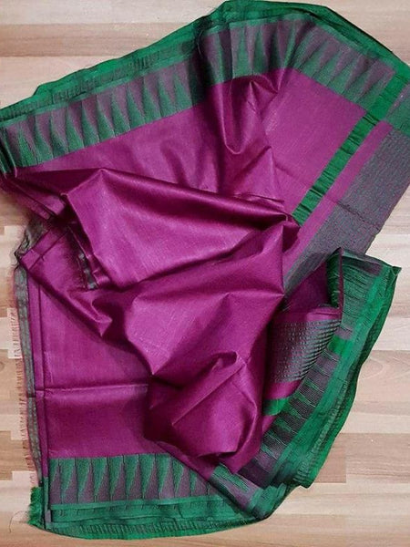Semi Tussar Silk Handloom Temple Border Bhagalpuri Saree (100185 Fuchsia_Purple-British_Green)