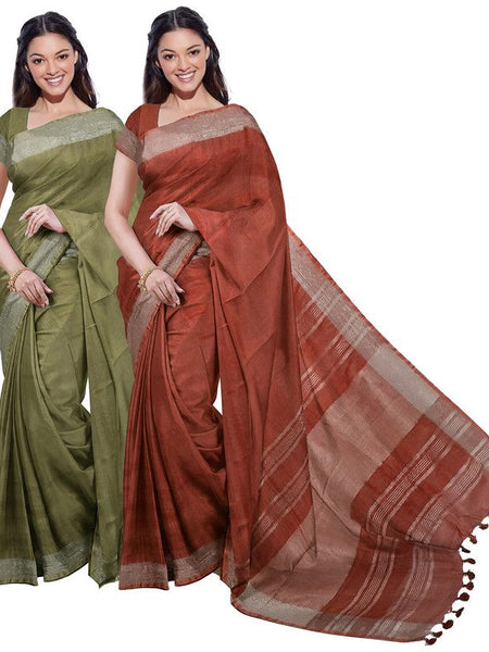Moss Green & Sienna Orange women's Bhagalpuri Handloom Cotton-Linen Blend Saree Combo (Pack Of 2) With Running Unstiched Blouse Piece