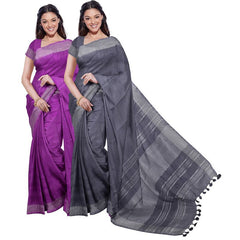 Electric Purple & Grey women's Bhagalpuri Handloom Cotton-Linen Blend Saree Combo (Pack Of 2) With Running Unstiched Blouse Piece