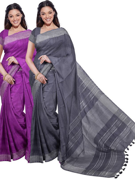 Electric Purple & Grey women's Bhagalpuri Handloom Cotton-Linen Blend Saree Combo (Pack Of 2) With Running Unstiched Blouse Piece