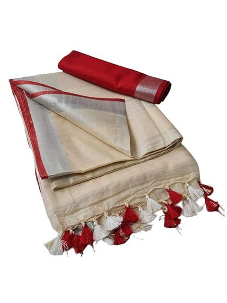 Handloom Bhagalpuri Linen Cotton Blend Contrast Border Saree for Women (12644 Reef_Beige-Red) - View 2