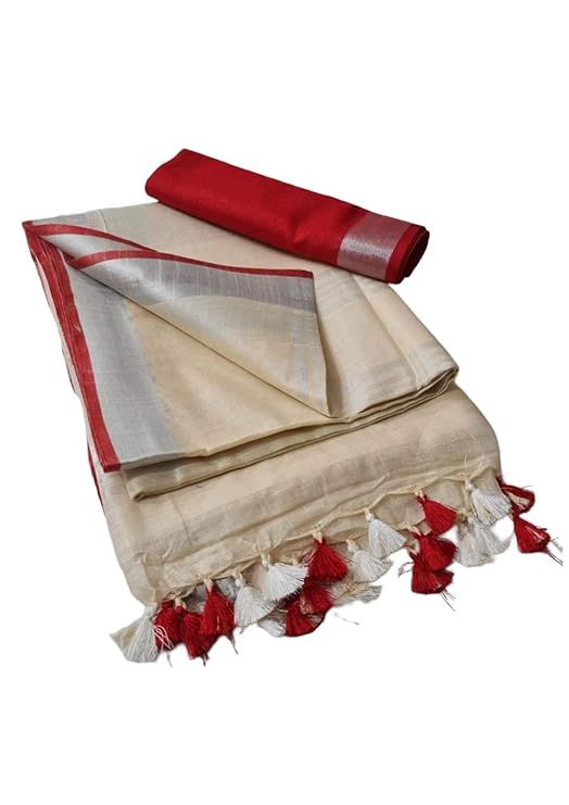 Handloom Bhagalpuri Linen Cotton Blend Contrast Border Saree for Women (12644 Reef_Beige-Red) - View 2