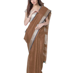 Brown women's Bhagalpuri Handloom Cotton Linen Blend Saree With Contrast Unstiched Blouse Piece