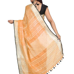 Carrot Orange women's Bhagalpuri Blend Linen Saree With Black Pipine Contrast Blouse Piece - View 3