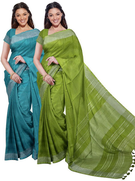 Cyan & Green women's Bhagalpuri Handloom Cotton-Linen Blend Saree Combo (Pack Of 2) With Running Unstiched Blouse Piece