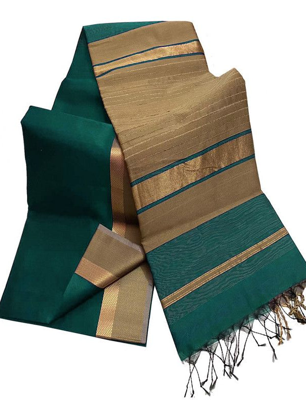 Bhagalpuri Cotton Tussar Silk Saree with Designed Border (Pine Green)