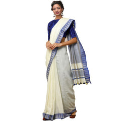 Off-White women's Bhagalpuri Handloom Kota Silk Temple Border Saree And Variation Of Colors With Striped Blouse Piece