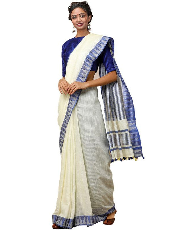 Off-White women's Bhagalpuri Handloom Kota Silk Temple Border Saree And Variation Of Colors With Striped Blouse Piece