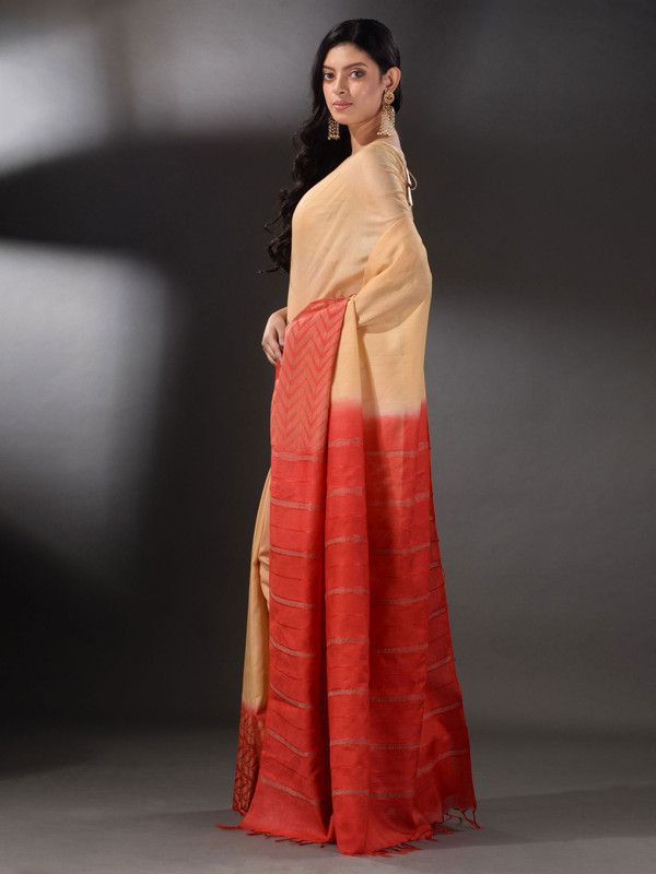 Two Dye Handloom Semi Tussar Silk Bhagalpuri Saree (Muddy_Beige & Terry_Red) - View 3