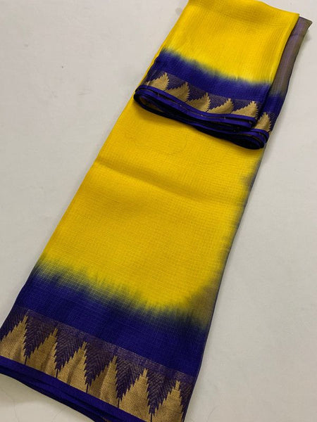 Organza Net Doriya Silk Two Dye Bhagalpuri Temple Border Saree (Canary Yellow & Dark_Blue) - View 3