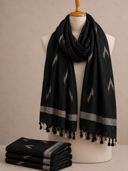 Linen Cotton Blend Zari Weaving Handloom Ikkat Dupatta (12005 Black)