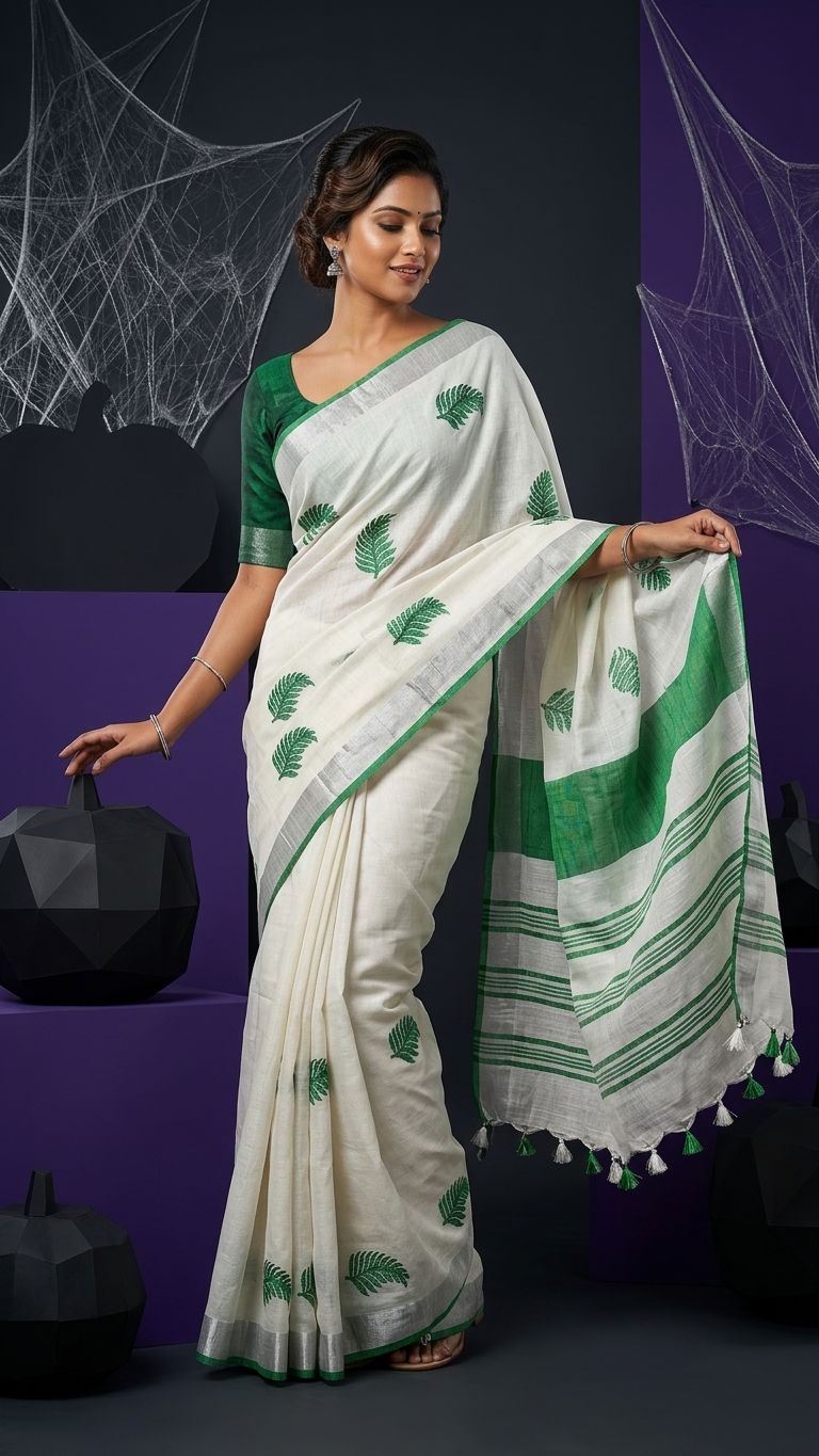 Handwoven Bhagalpuri Linen Blend Embroidered Saree With Contrast Blouse Piece(White and Bottle Green)