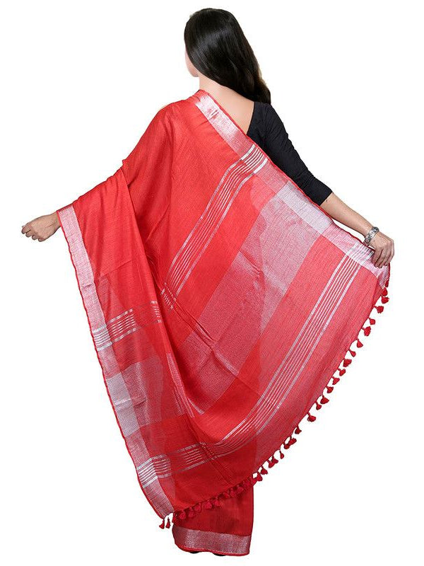 Red Bhagalpuri women's Handloom Linen Cotton Ethnic Wear Saree With Running Unstitched Blouse Piece - View 2