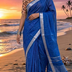 Handwoven Linen Blend Saree With Running Blouse Piece(Royal Blue) - View 2