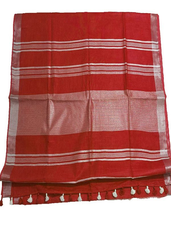 Crimson Red women's Bhagalpuri Linen Saree With Blouse Piece - View 2