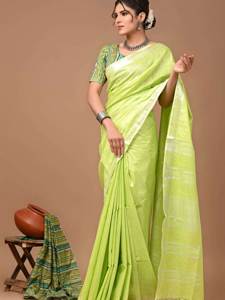 Linen Cotton Blend Handloom Bhagalpuri Saree with Zari Border (12796 Parrot_Green) - View 2