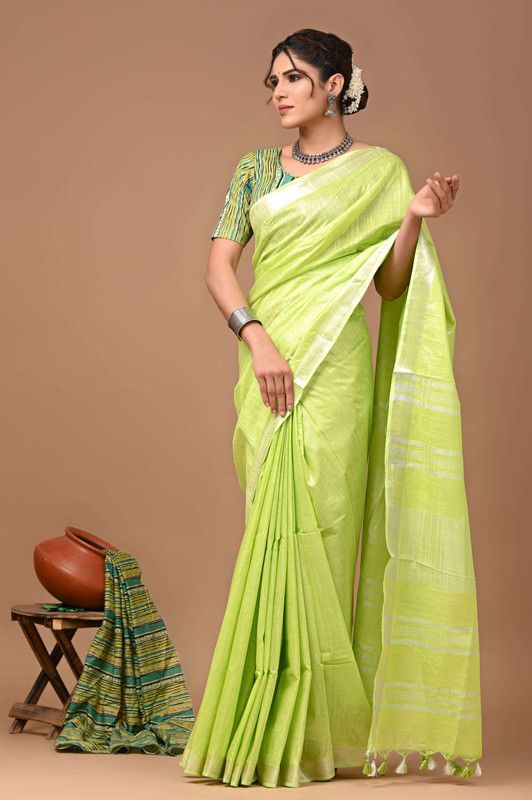 Linen Cotton Blend Handloom Bhagalpuri Saree with Zari Border (12796 Parrot_Green) - View 2