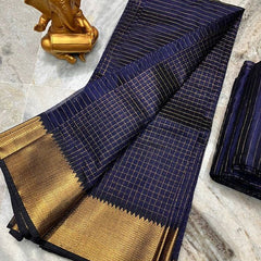 Cotton Silk Handloom Bhagalpuri Wide Border Check Saree (Gold-Carbon_Blue)