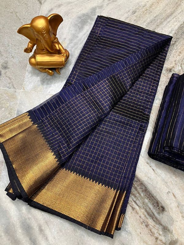 Cotton Silk Handloom Bhagalpuri Wide Border Check Saree (Gold-Carbon_Blue)