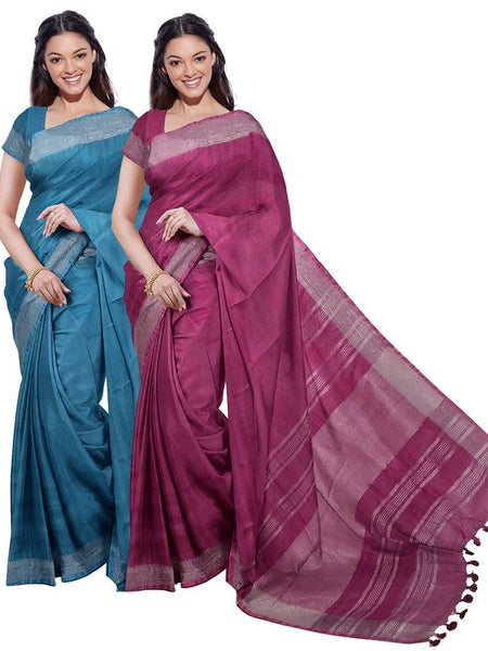 Cerulean Blue & Raspberry Pink women's Bhagalpuri Handloom Cotton-Linen Blend Saree Combo (Pack Of 2) With Running Unstiched Blouse Piece