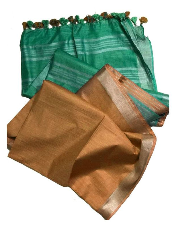 Mint Green & Porsche Brown Bhagalpuri women's Ethnic Wear Handloom Linen Cotton Blend Zari Border Two Dye Saree With Running Unstitched Blouse Piece - View 6