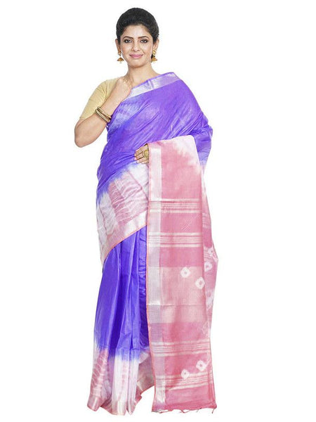 Slate Blue & Han Pink women's Bhagalpuri Handloom Cotton Linen Slub Blend Tie Two Dye (Sibory Two Dye) Saree With Running Unstitched Blouse Piece