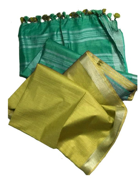 Mint Green & Pear Green Bhagalpuri women's Ethnic Wear Handloom Linen Cotton Blend Zari Border Two Dye Saree With Running Unstitched Blouse Piece - View 2