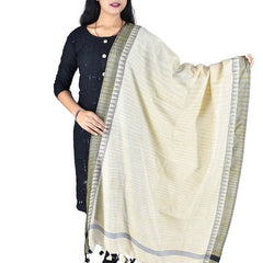 Handloom Linen Natural Textured Color Temple Border Dupatta (Black) - View 2