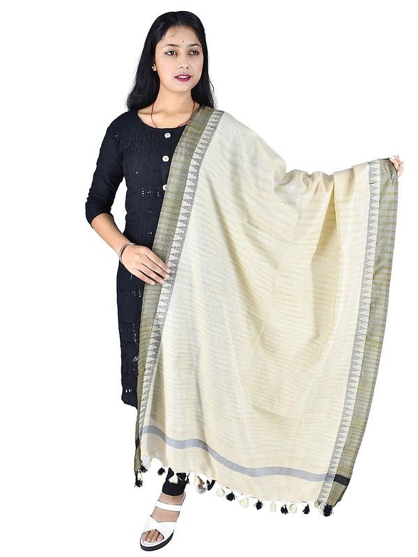 Handloom Linen Natural Textured Color Temple Border Dupatta (Black) - View 2