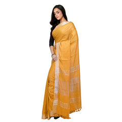 Marigold Yellow Bhagalpuri women's Handloom Linen Cotton Ethnic Wear Saree With Running Unstitched Blouse Piece - View 5