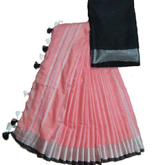 Pink-Black women's Handloom Bhagalpuri Cotton Linen Blend Saree Ethnic Wear With Contrast Unstitched Blouse Piece - View 2