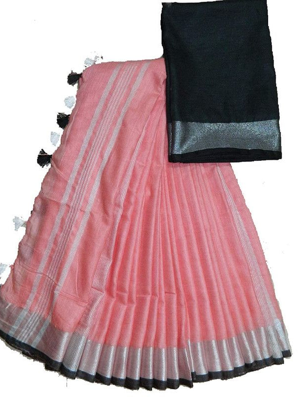 Pink-Black women's Handloom Bhagalpuri Cotton Linen Blend Saree Ethnic Wear With Contrast Unstitched Blouse Piece - View 2