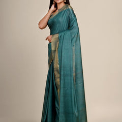 Munga Silk Tussar Blend Bhagalpuri Handloom Moonstone Cyan Saree - View 3