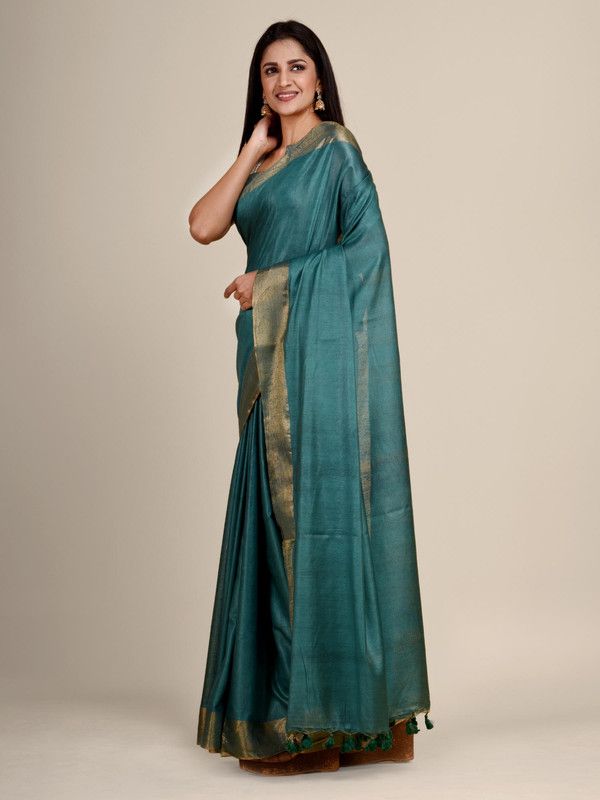 Munga Silk Tussar Blend Bhagalpuri Handloom Moonstone Cyan Saree - View 3