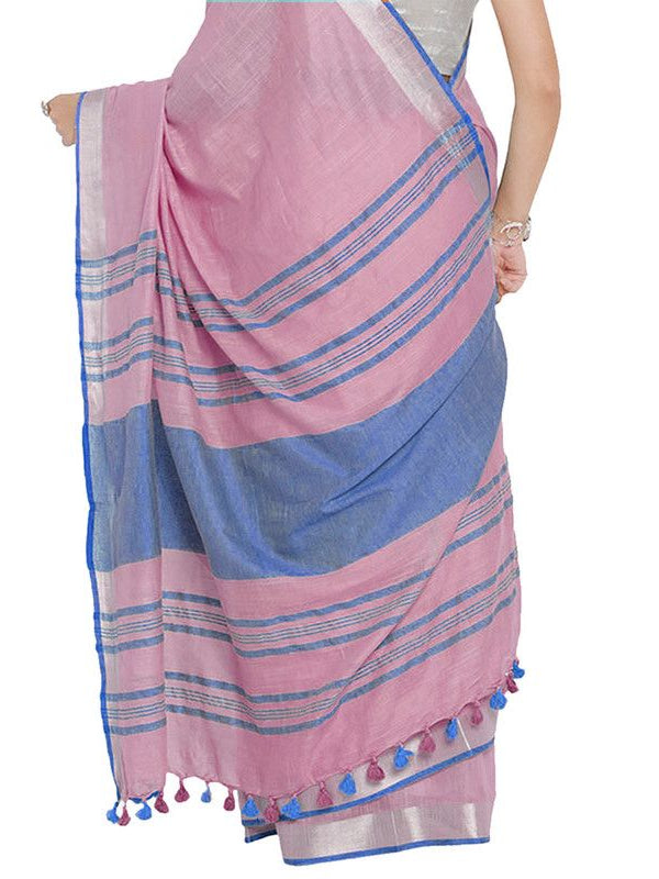 Fairy Tale Pink-Cyan women's Bhagalpuri Handloom Cotton Linen Blend Contrast Pallu Saree And Unstitched Contrast Blouse Piece - View 6