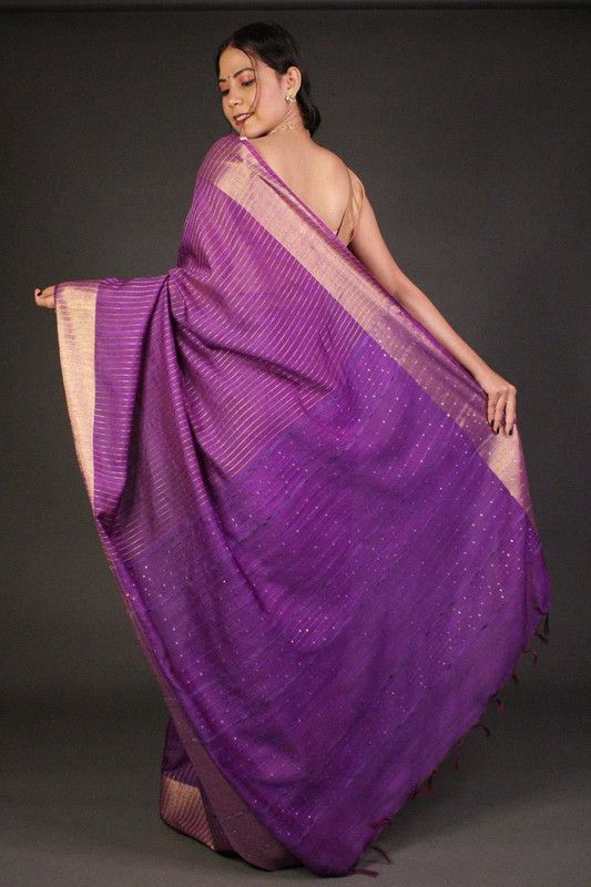 Bhagalpuri Silk Striped Sequins Saree with Zari Border (Electric_Purple) - View 2