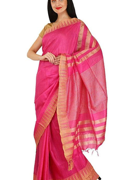 Deep Pink women's Bhagalpuri Handloom Kota Silk Temple Border Saree And Variation Of Colors With Striped Blouse Piece - View 3