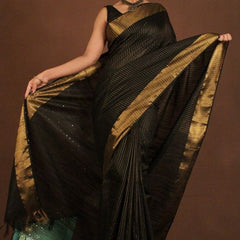 Bhagalpuri Silk Striped Sequins Saree with Zari Border (Black) - View 2