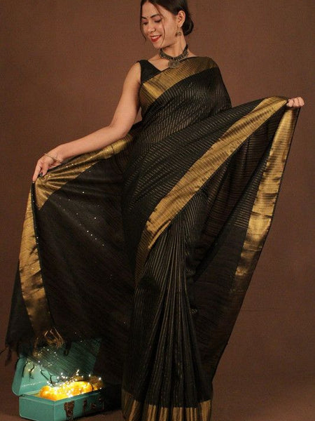 Bhagalpuri Silk Striped Sequins Saree with Zari Border (Black) - View 2