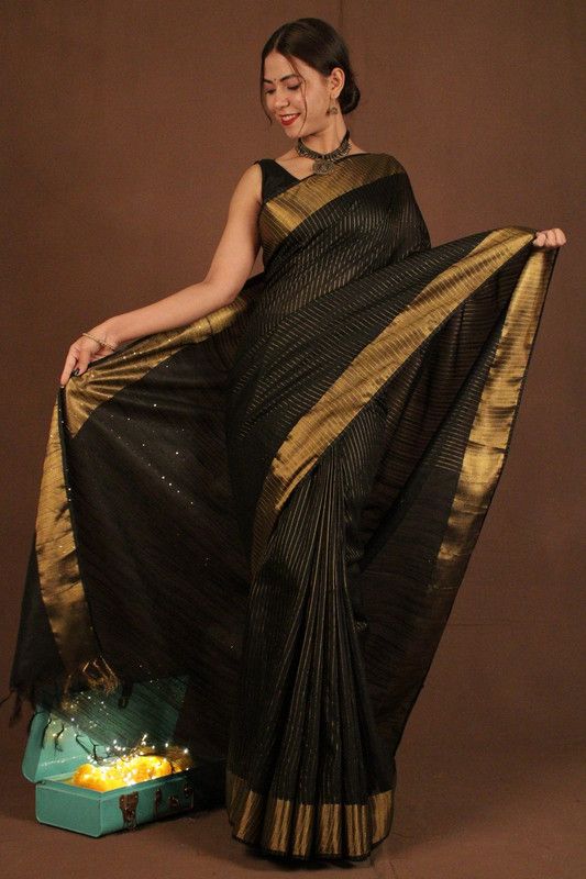 Bhagalpuri Silk Striped Sequins Saree with Zari Border (Black) - View 2
