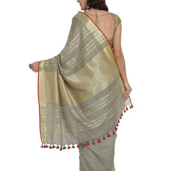 Rusty Grey women's Bhagalpuri Handloom Cotton Linen Blend Saree With Contrast Unstiched Striped Blouse Piece