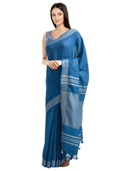 California Blue women's Bhagalpuri Handloom Blend Linen-Cotton Saree With Running Unstiched Blouse Piece_Free Size_Variation Of Colors