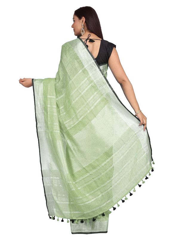 Pistachio Green women's Bhagalpuri Blend Linen Saree With Black Pipine Contrast Blouse Piece - View 3