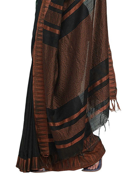 Bhagalpuri Handloom Katan Viscous Silk Temple Border Saree Ethnic Wear With Running Unstitched Striped Blouse Piece - View 4